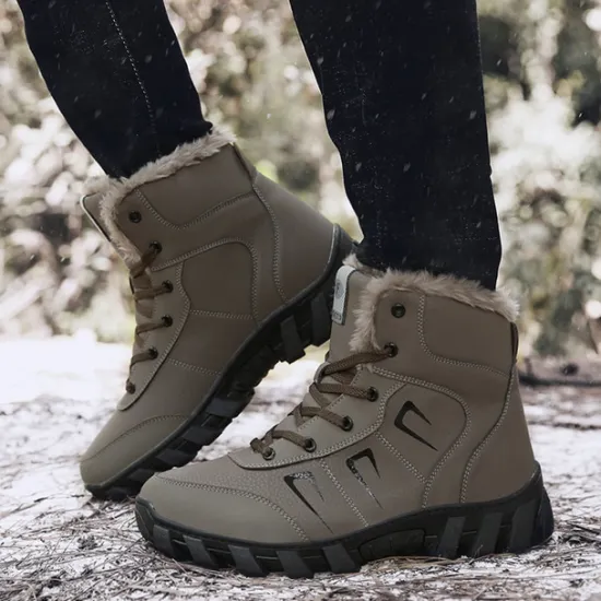 Hot OUKU Men's Khaki Winter Hiking Boots – Fur-Lined Warm Outdoor Boots with Durable Non-Slip Sole for Cold Weather