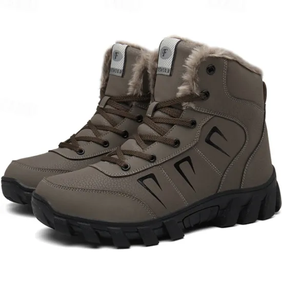 Hot OUKU Men's Khaki Winter Hiking Boots – Fur-Lined Warm Outdoor Boots with Durable Non-Slip Sole for Cold Weather