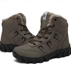 Hot OUKU Men's Khaki Winter Hiking Boots – Fur-Lined Warm Outdoor Boots with Durable Non-Slip Sole for Cold Weather