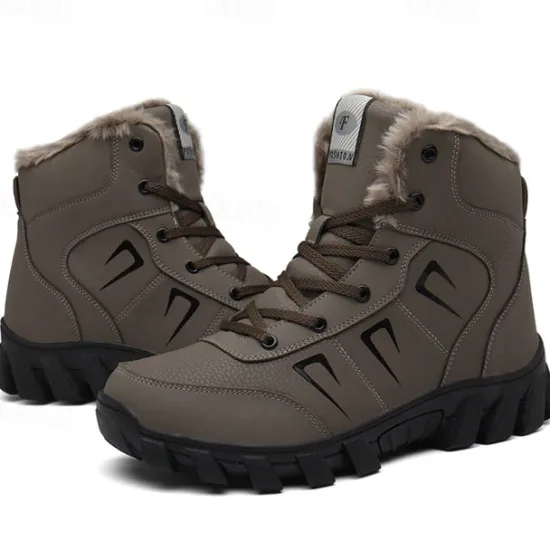 Hot OUKU Men's Khaki Winter Hiking Boots – Fur-Lined Warm Outdoor Boots with Durable Non-Slip Sole for Cold Weather
