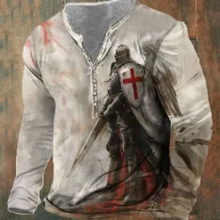 Sale OUKU Men's Knights Templar Christian T shirt Henley Shirt Long Sleeve 3D Print Designer Retro Vintage Street Casual Daily Summer Spring Fall White Khaki Henley Henley T-Shirt