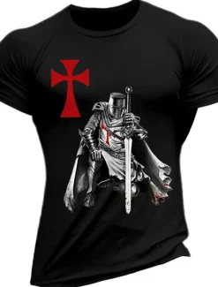 Sale OUKU Men's Knights Templar Graphic Prints Faith T Shirt Graphic Tee Cotton Short Sleeves Graphic Shirt Wine Black White Comfortable Tee Vacation Street Fashion Designer Clothing