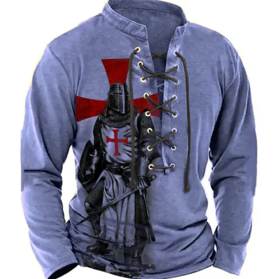 Online OUKU Men's Knights Templar Graphic Prints Graphic Tee Vintage Shirt Long Sleeve T shirt Shirt Fashion Designer Casual Outdoor Vacation Daily Wear Blue Brown Green Spring & Fall Clothing Apparel S M L XL