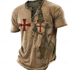 New OUKU Men's Knights Templar Graphic Prints Henley Shirt Graphic Tee Short Sleeve Fashion Basic Casual Outdoor Daily Going out Spring & Summer Blue Sky Blue Brown Green Gray Henley Henley T-Shirt