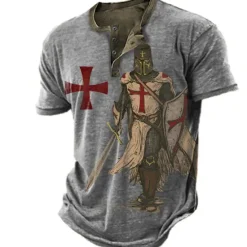 New OUKU Men's Knights Templar Graphic Prints Henley Shirt Graphic Tee Short Sleeve Fashion Basic Casual Outdoor Daily Going out Spring & Summer Blue Sky Blue Brown Green Gray Henley Henley T-Shirt