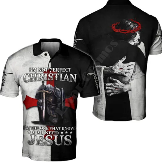 Online OUKU Men's Knights Templar Polo Shirts Golf Shirt Short Sleeve Polo Shirts Collared Shirts Vintage Casual Vacation Wear Festival Wear Party Outfits Buttons 3D Print Black-White Black White
