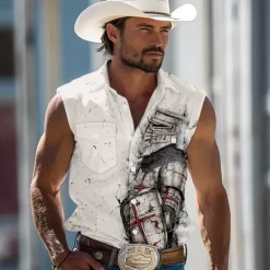 Outlet OUKU Men's Knights Templar Shirt Western Shirt Cowboy Shirt Sleeveless Western Style Outdoor Work Causal Summer Spring Turndown 3D Print Button Up Shirts White Green Khaki