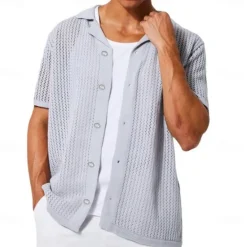 Discount OUKU Men's Knit Polo Sweater Cardigan Work Casual Lapel Short Sleeve Fashion Cool Solid / Plain Color Knitted Spring, Fall, Winter, Summer Regular Fit Black White Pink Apricot Knit Polo Sweater Gray