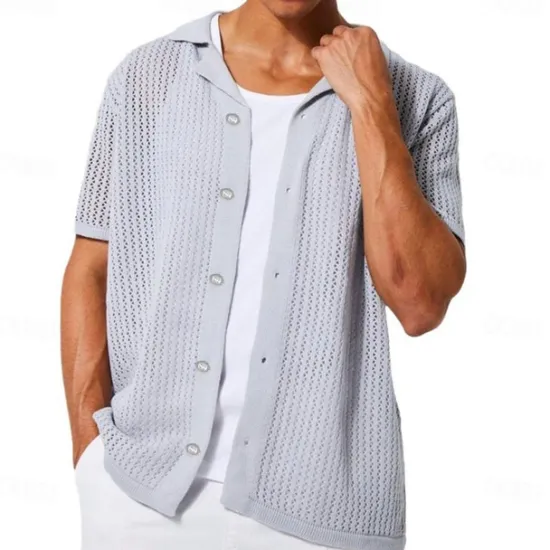 Discount OUKU Men's Knit Polo Sweater Cardigan Work Casual Lapel Short Sleeve Fashion Cool Solid / Plain Color Knitted Spring, Fall, Winter, Summer Regular Fit Black White Pink Apricot Knit Polo Sweater Gray