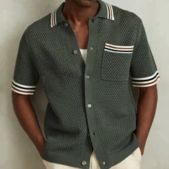 Hot OUKU Men's Knit Polo Sweater Cardigan Casual Holiday Ribbed Polo Collar Classic Short Sleeve Fashion Old Money Style Striped Button Front Summer Spring Fall Knit Polo Sweater Green