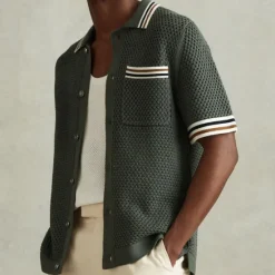 Hot OUKU Men's Knit Polo Sweater Cardigan Casual Holiday Ribbed Polo Collar Classic Short Sleeve Fashion Old Money Style Striped Button Front Summer Spring Fall Knit Polo Sweater Green