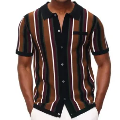 Hot OUKU Men's Knit Polo Sweater Golf Shirt Daily Wear Shirt Collar Short Sleeves Stylish Vintage Style Striped Knitted Summer Winter Regular Fit Black White Navy Blue Green Coffee Knit Polo Sweater