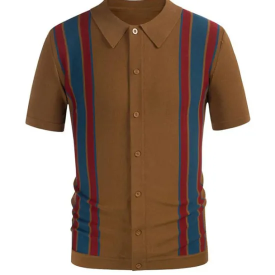 Online OUKU Men's Knit Polo Sweater Golf Shirt Causal Polo Collar Button Short Sleeves Vintage Style Old Money Style Stripe Button Front Summer Spring Black Brown Dark Blue Knit Polo Sweater