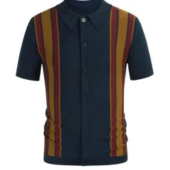 Online OUKU Men's Knit Polo Sweater Golf Shirt Causal Polo Collar Button Short Sleeves Vintage Style Old Money Style Stripe Button Front Summer Spring Black Brown Dark Blue Knit Polo Sweater