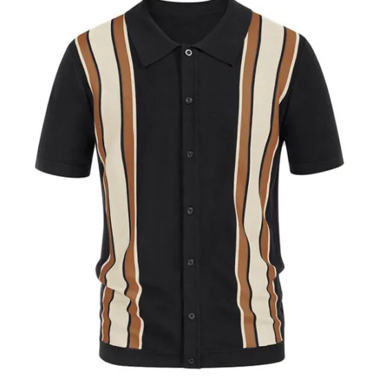 Online OUKU Men's Knit Polo Sweater Golf Shirt Causal Polo Collar Button Short Sleeves Vintage Style Old Money Style Stripe Button Front Summer Spring Black Brown Dark Blue Knit Polo Sweater