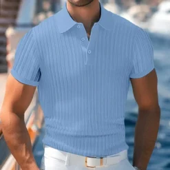 Best OUKU Men's Knit Polo Sweater Golf Shirt Business Casual Classic Short Sleeve Basic Modern Color Block Button Summer Spring Light Blue Pink Green Knit Polo Sweater