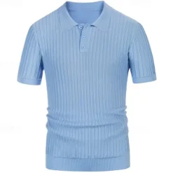 Best OUKU Men's Knit Polo Sweater Golf Shirt Business Casual Classic Short Sleeve Basic Modern Color Block Button Summer Spring Light Blue Pink Green Knit Polo Sweater