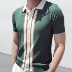 Online OUKU Men's Knit Polo Sweater Polo Shirts Street Casual Button Classic Short Sleeve Beach Solid / Plain Color Buttons Summer Spring Fall Black Knit Polo Sweater Green