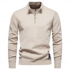 Sale OUKU Men's Knit Solid Color Half Zip Knitwear Elegant Christmas Gifts Home Clothing Apparel Fall Winter Light Grey Beige S M L