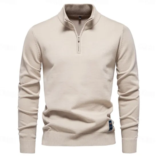Sale OUKU Men's Knit Solid Color Half Zip Knitwear Elegant Christmas Gifts Home Clothing Apparel Fall Winter Light Grey Beige S M L