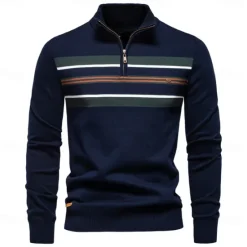 Outlet OUKU Men's Knit Striped Half Zip Knitwear Elegant Christmas Gifts Home Clothing Apparel Bishop Sleeve Fall Winter Navy Blue Dark Green S M L