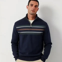 Outlet OUKU Men's Knit Striped Half Zip Knitwear Elegant Christmas Gifts Home Clothing Apparel Bishop Sleeve Fall Winter Navy Blue Dark Green S M L