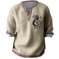 Sale OUKU Men's Kokopelli Shirt Button Up Shirt Henley Shirt Long Sleeve Vintage Casual Tribal Vacation Daily Beach Summer Spring Fall V Neck 3D Print Black Blue Khaki