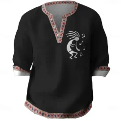 Sale OUKU Men's Kokopelli Shirt Button Up Shirt Henley Shirt Long Sleeve Vintage Casual Tribal Vacation Daily Beach Summer Spring Fall V Neck 3D Print Black Blue Khaki