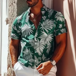 Sale OUKU Men's Leaf Aloha Shirt Short Sleeve Hawaiian Vacation Summer Spring Turndown Button Up White Blue Green