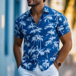 Sale OUKU Men's Leaf Aloha Shirt Short Sleeve Hawaiian Vacation Summer Spring Turndown Button Up White Blue Green