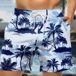 Hot OUKU Men's Leaf Coconut Tree Plants Swim Shorts Board Shorts Swimming Trunks Mid Waist Fashion Streetwear Designer Casual Daily Holiday Pocket Drawstring Elastic Waist Designer Clothing Apparel Blue