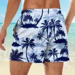 Hot OUKU Men's Leaf Coconut Tree Plants Swim Shorts Board Shorts Swimming Trunks Mid Waist Fashion Streetwear Designer Casual Daily Holiday Pocket Drawstring Elastic Waist Designer Clothing Apparel Blue