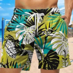 Hot OUKU Men's Leaf Coconut Tree Print Swim Trunks Swim Shorts Board Shorts Mid Waist Fashion Streetwear Designer Casual Daily Holiday Pocket Drawstring Elastic Waist Designer Clothing Apparel Green