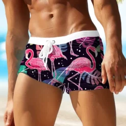 Outlet OUKU Men's Leaf Flamingo Plants Swim Trunks Swim Shorts Board Shorts Mid Waist Fashion Designer Surfing Holiday Beach Pocket Drawstring Elastic Waist Designer Clothing Apparel Black