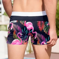 Online OUKU Men's Leaf Flamingo Plants Swim Shorts Swim Trunks Boxer Swim Shorts Mid Waist Fashion Designer Surfing Holiday Beach Pocket Drawstring Elastic Waist Designer Clothing Apparel Dark Blue