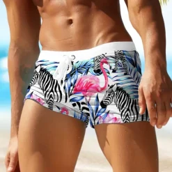 Online OUKU Men's Leaf Flamingo Plants Swim Shorts Board Shorts Swimming Trunks Mid Waist Fashion Designer Surfing Holiday Beach Pocket Drawstring Elastic Waist Designer Clothing Apparel White
