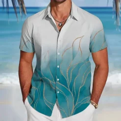 Sale OUKU Men's Leaf Gradient Color Tropical Plants Shirt Summer Hawaiian Shirt Button Up Shirt Short Sleeve Hawaiian Resort Vacation Holiday Beach Wear Summer Spring Turndown 3D Print Collared Shirts Blue