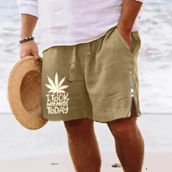OUKU Men's Leaf Letter Shorts Summer Shorts Beach Shorts Mid Waist Hawaiian Casual Daily Holiday Going out Zipper Drawstring Elastic Waist Designer Clothing Apparel