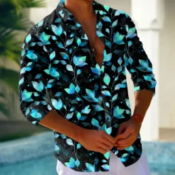 Discount OUKU Men's Leaf Neon Glow Shirt Button Up Shirt Long Sleeve Fashion Casual Holiday Streetwear Summer Spring Turndown 3D Print Collared Shirts Pink Blue Purple Green