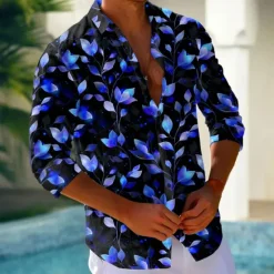Discount OUKU Men's Leaf Neon Glow Shirt Button Up Shirt Long Sleeve Fashion Casual Holiday Streetwear Summer Spring Turndown 3D Print Collared Shirts Pink Blue Purple Green