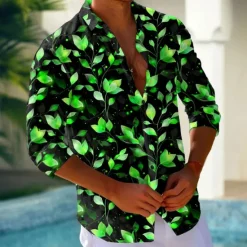 Discount OUKU Men's Leaf Neon Glow Shirt Button Up Shirt Long Sleeve Fashion Casual Holiday Streetwear Summer Spring Turndown 3D Print Collared Shirts Pink Blue Purple Green