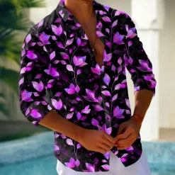 Discount OUKU Men's Leaf Neon Glow Shirt Button Up Shirt Long Sleeve Fashion Casual Holiday Streetwear Summer Spring Turndown 3D Print Collared Shirts Pink Blue Purple Green