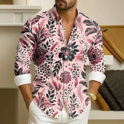 Best OUKU Men's Leaf Plants Tropical Flowers Shirt Button Down Shirt Hawaiian Shirt Long Sleeve Hawaiian Outdoor Vacation Holiday Summer Spring Turndown 3D Print Collared Shirts Pink Purple Green Khaki