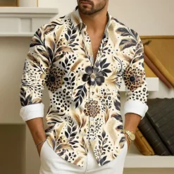 Best OUKU Men's Leaf Plants Tropical Flowers Shirt Button Down Shirt Hawaiian Shirt Long Sleeve Hawaiian Outdoor Vacation Holiday Summer Spring Turndown 3D Print Collared Shirts Pink Purple Green Khaki