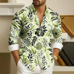 Best OUKU Men's Leaf Plants Tropical Flowers Shirt Button Down Shirt Hawaiian Shirt Long Sleeve Hawaiian Outdoor Vacation Holiday Summer Spring Turndown 3D Print Collared Shirts Pink Purple Green Khaki