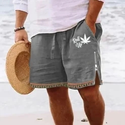 Sale OUKU Men's Leaf Shorts Summer Shorts Beach Shorts Mid Waist Hawaiian Casual Daily Holiday Going out Zipper Drawstring Elastic Waist Designer Clothing Apparel