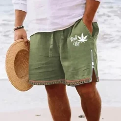 Sale OUKU Men's Leaf Shorts Summer Shorts Beach Shorts Mid Waist Hawaiian Casual Daily Holiday Going out Zipper Drawstring Elastic Waist Designer Clothing Apparel