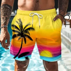Best OUKU Men's Leaf Tree Coconut Tree Swim Trunks Swim Shorts Board Shorts Mid Waist Hawaiian Boho Casual Daily Holiday Drawstring with Mesh lining Elastic Waist Designer Clothing Apparel Yellow