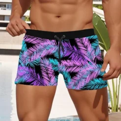 Discount OUKU Men's Leaf Tropical Plants Swim Shorts Board Shorts Swimming Trunks Mid Waist Fashion Designer Surfing Holiday Beach Pocket Drawstring Elastic Waist Designer Clothing Apparel Black