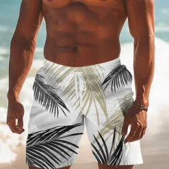 Discount OUKU Men's Leaf Tropical Plants Swim Trunks Swim Shorts Board Shorts Mid Waist Fashion Streetwear Designer Casual Daily Holiday Pocket Drawstring Elastic Waist Designer Clothing Apparel